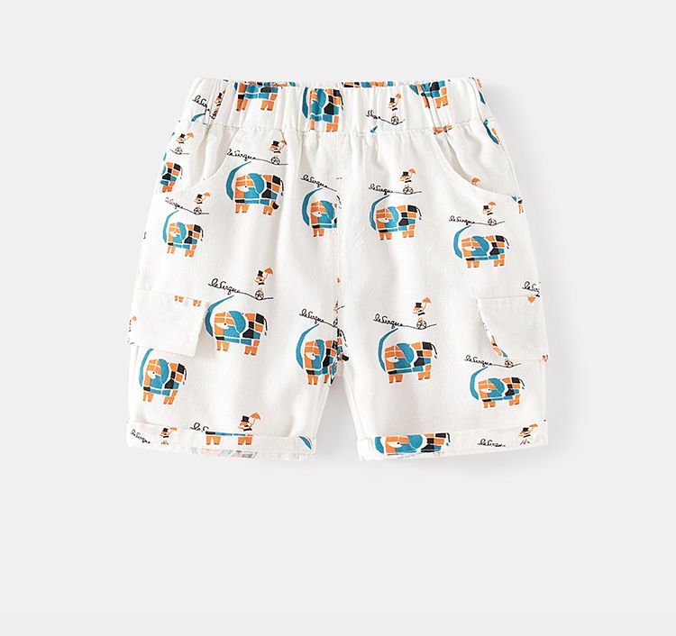 WELLKIDS - 腰鬆緊休閒五分褲-幾何大象-白色