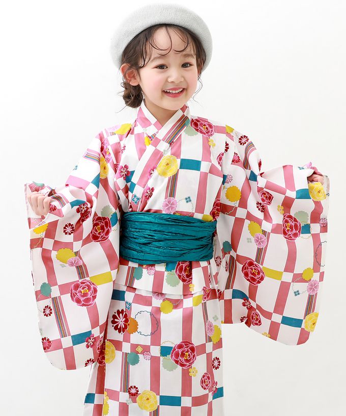 日本 devirock - 純棉夏日祭典花朵浴衣兵兒帶2件組-牡丹格紋-粉x綠