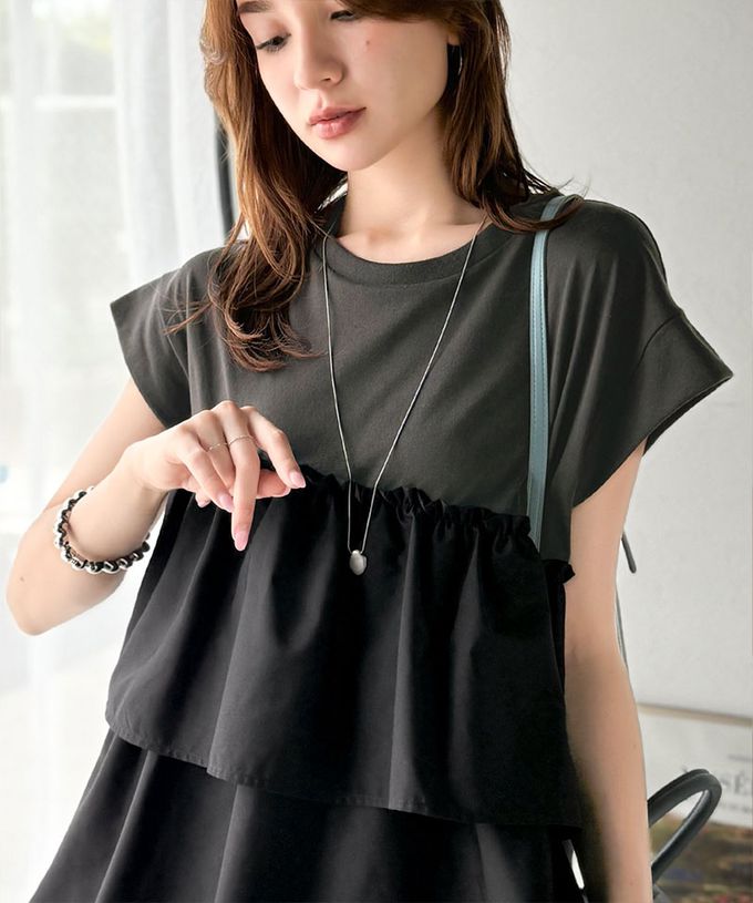 日本 Classical Elf - 浪漫不對稱拼接荷葉短袖上衣-炭灰