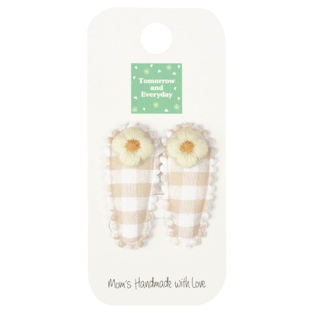 髮夾2入組-小花 格紋-淺卡其色