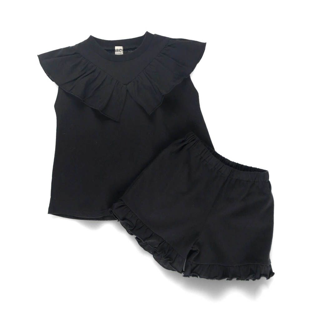 俏皮荷葉大翻領短褲套裝-黑