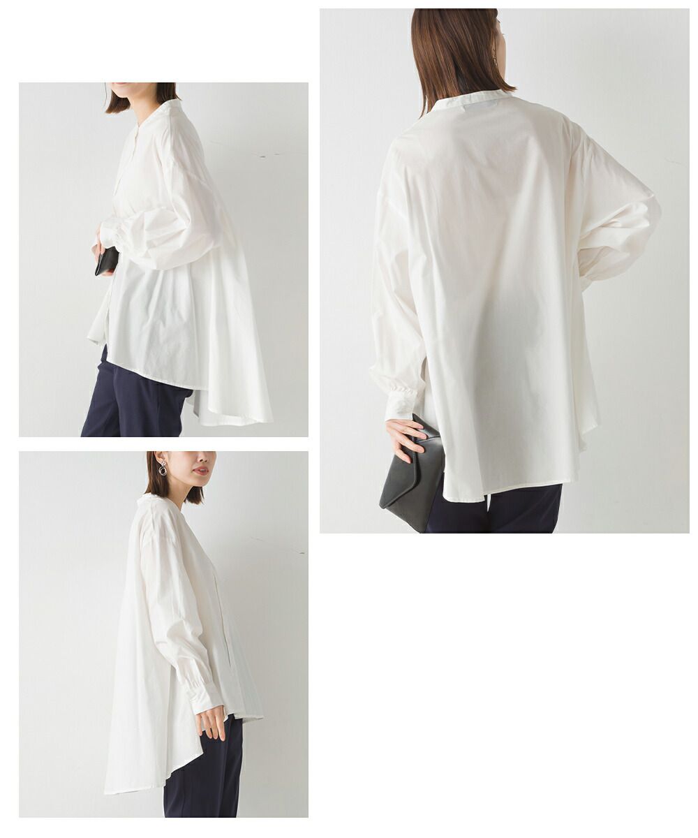 日本 OMNES - 100%棉 前短後長寬鬆長袖襯衫-條紋-藍白