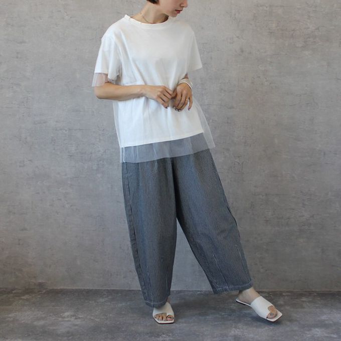 日本女裝代購 - [熱銷款] 超藏肉休閒錐形美腿褲-丹寧-條紋藍