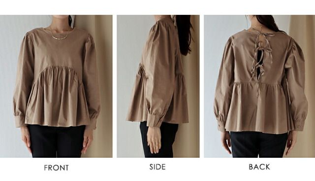 日本 BLUE EAST - 美背綁帶抓皺澎澎長袖上衣-白