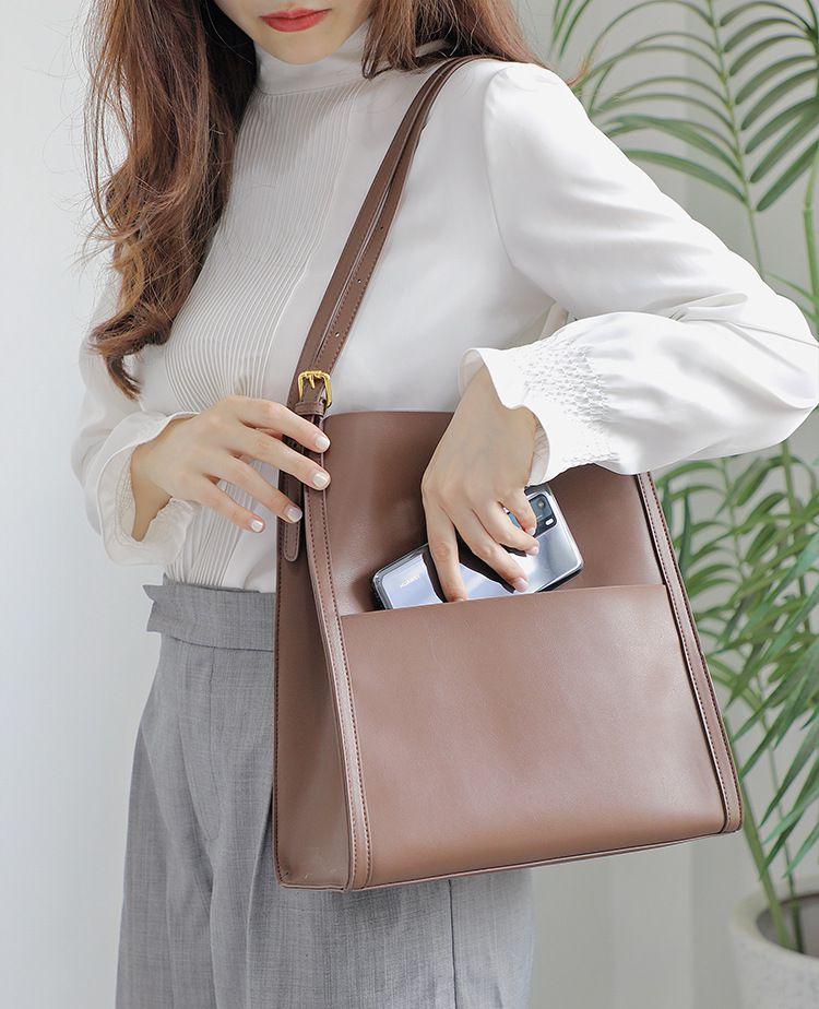 真皮大容量單肩托特包-卡其色 (30x12x31cm)