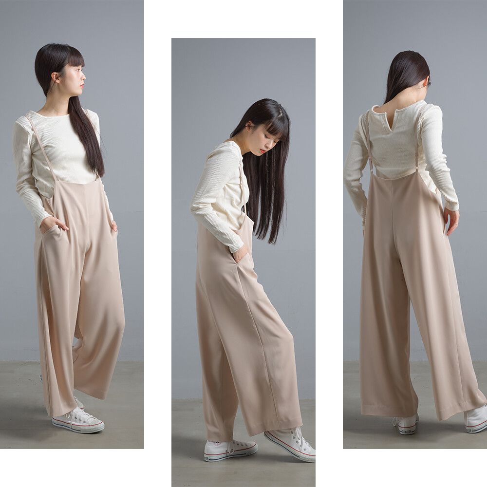 日本女裝代購 - 細肩帶雪紡吊帶長褲-杏 (Free)