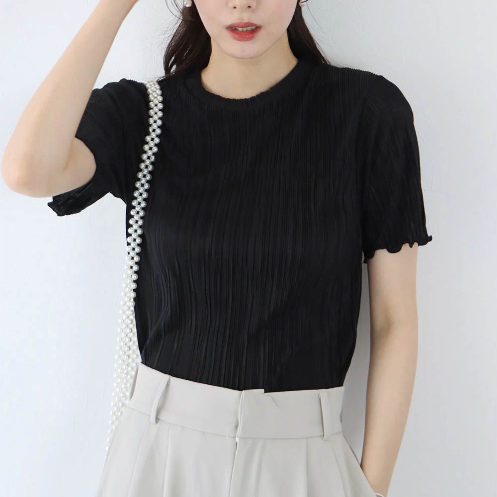 韓國製 圓領貝殼紋光澤短袖上衣-黑