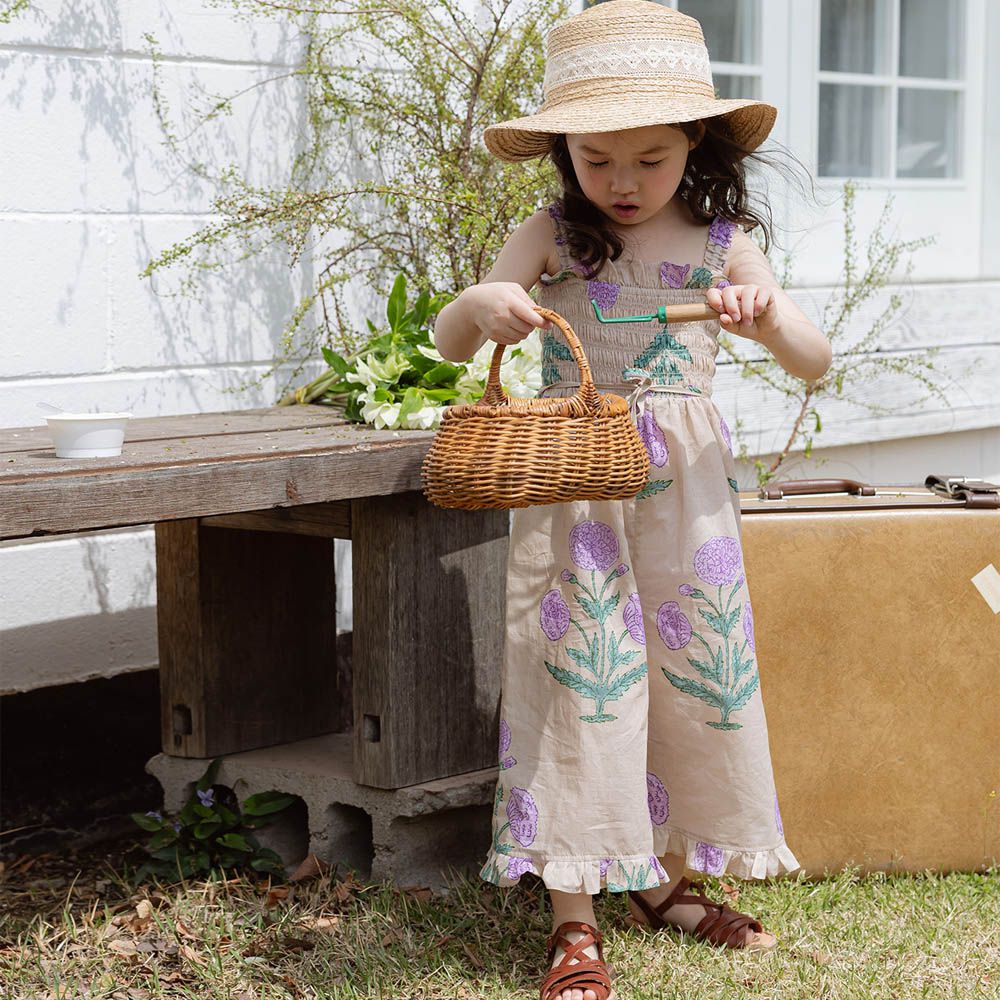 風情花紋褶紋細肩連身褲-灰卡其