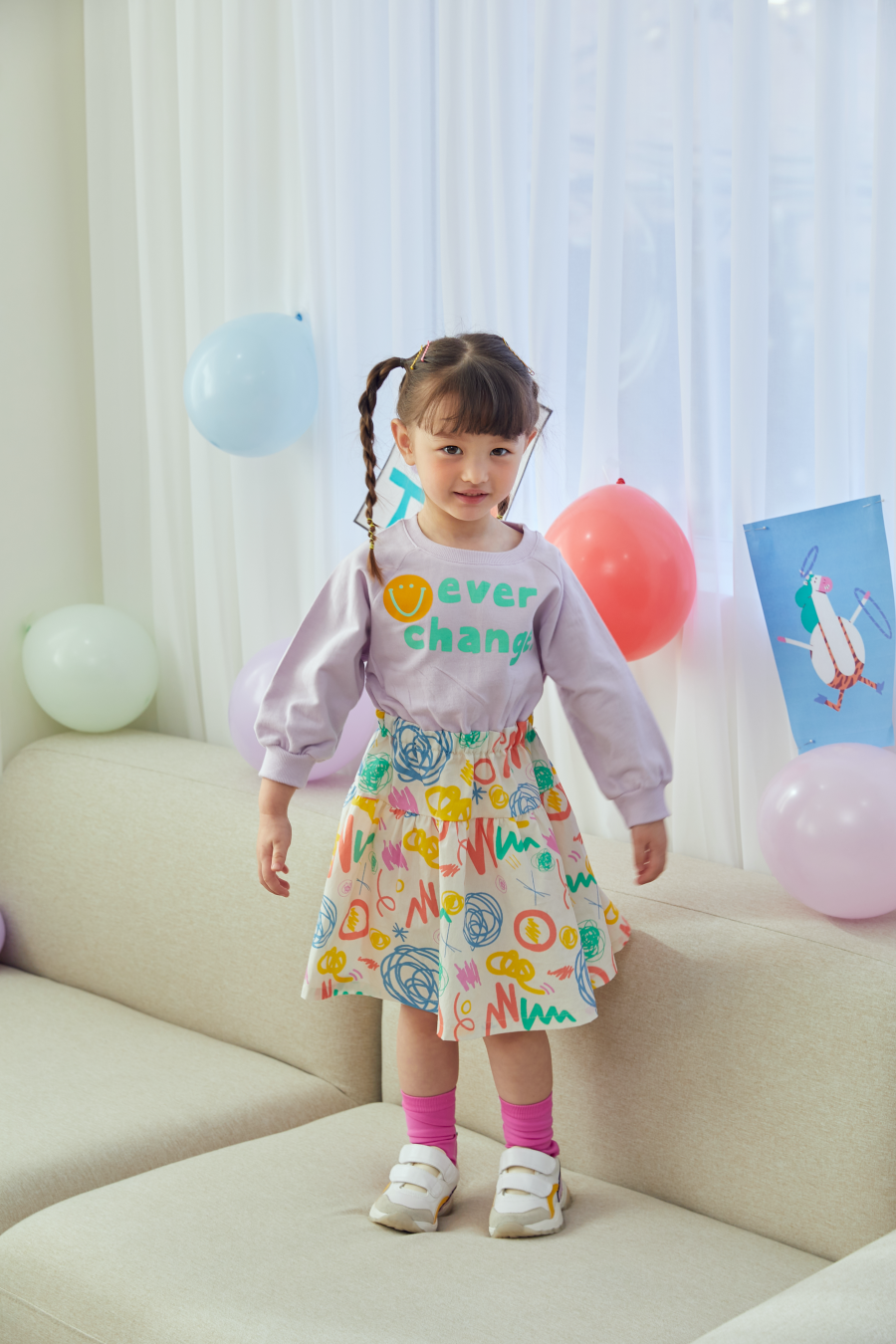 韓國 MINIATURE - 彩虹雛菊拼接縮腰洋裝-紫