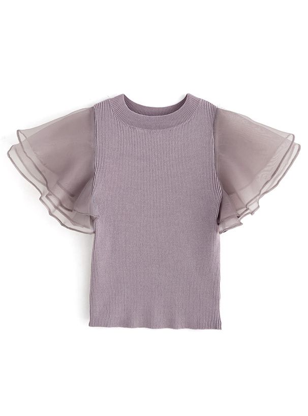 日本 GRL - 夢幻薄紗拼接圓領短袖上衣-天使白