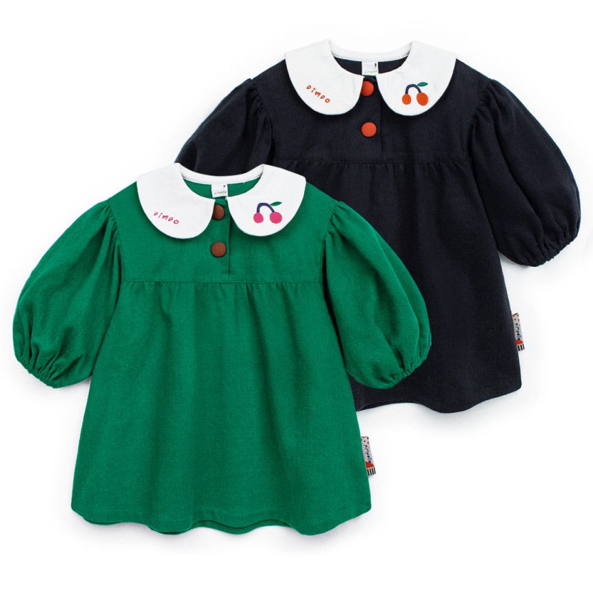 韓國Pimpollo - 小櫻桃泡泡袖洋裝-綠