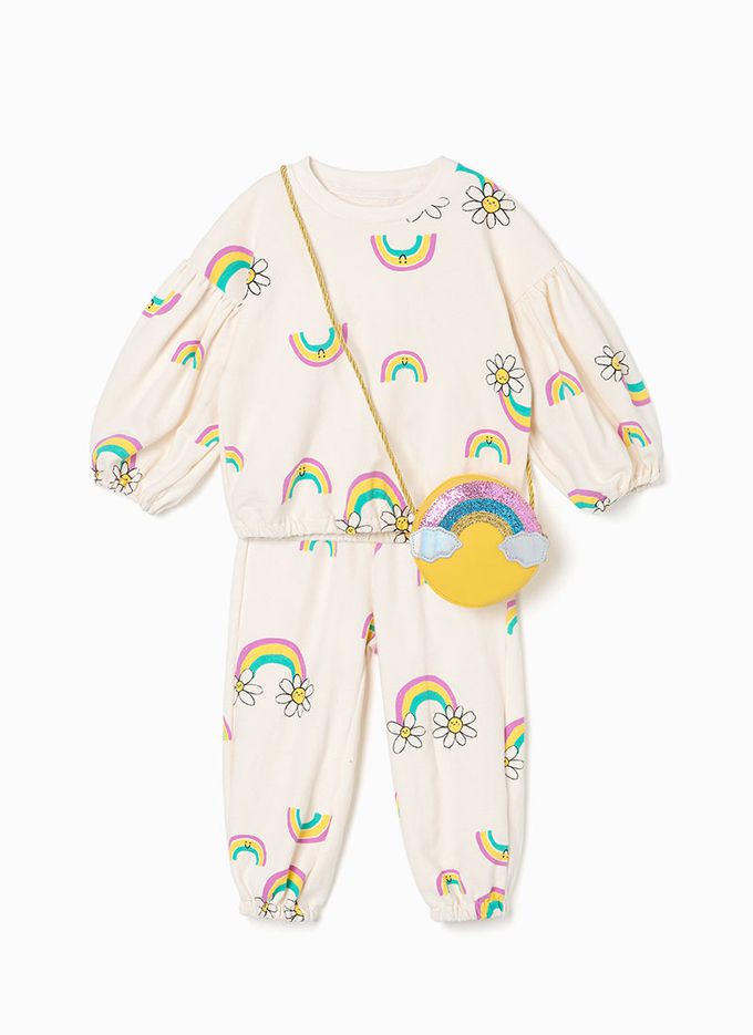 韓國 OZKIZ - (附包包)雛菊彩虹印休閒長袖套裝-米