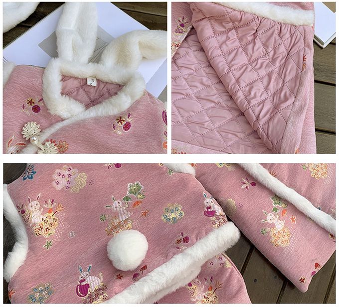 love, charlotte - 小兔子粉色提花絨鋪棉拜年洋裝套組-背心＋短裙兩件套裝搭配羊毛氈流蘇髮夾