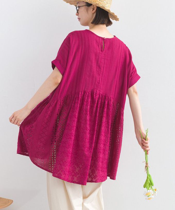 日本 Lupilien - 100%印度棉 柔美緹花長版短袖上衣-炭灰