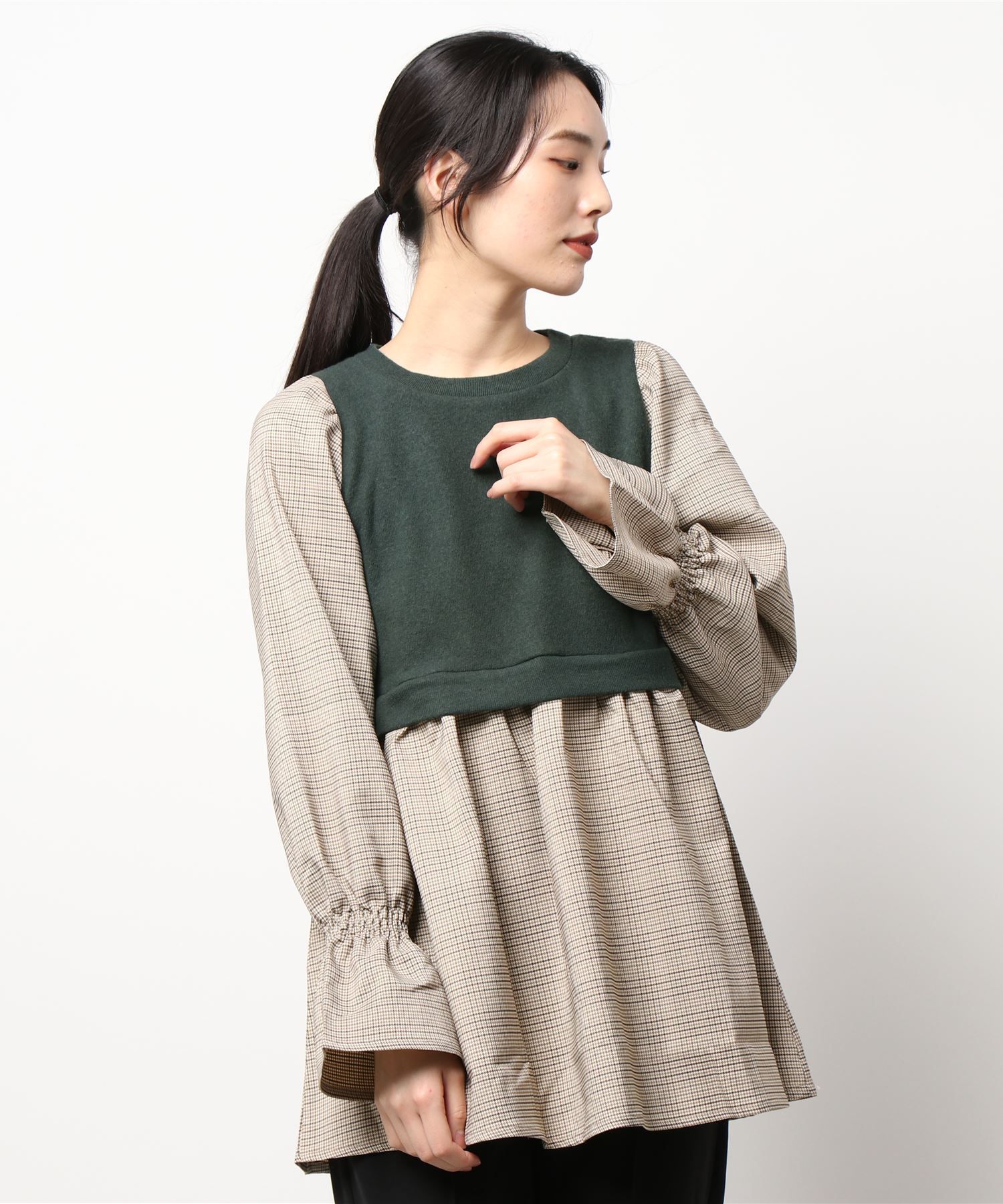 日本 Riche Glamour - 假兩件造型 小格紋長袖X背心-黑