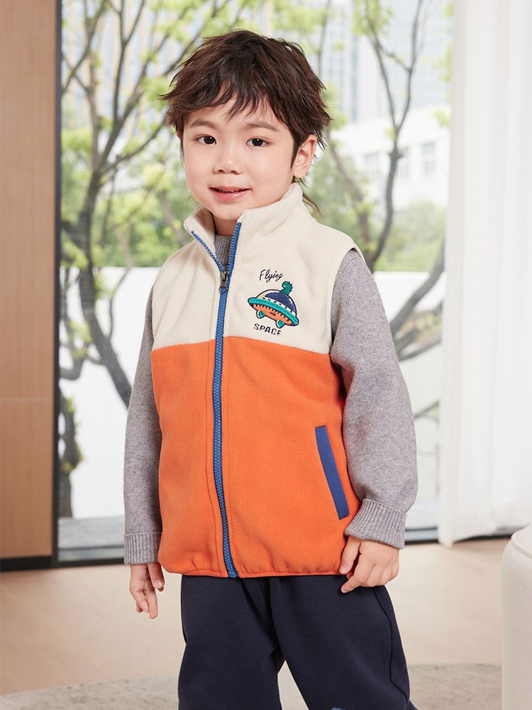 搖粒絨保暖兒童背心-外星飛碟-杏+橘