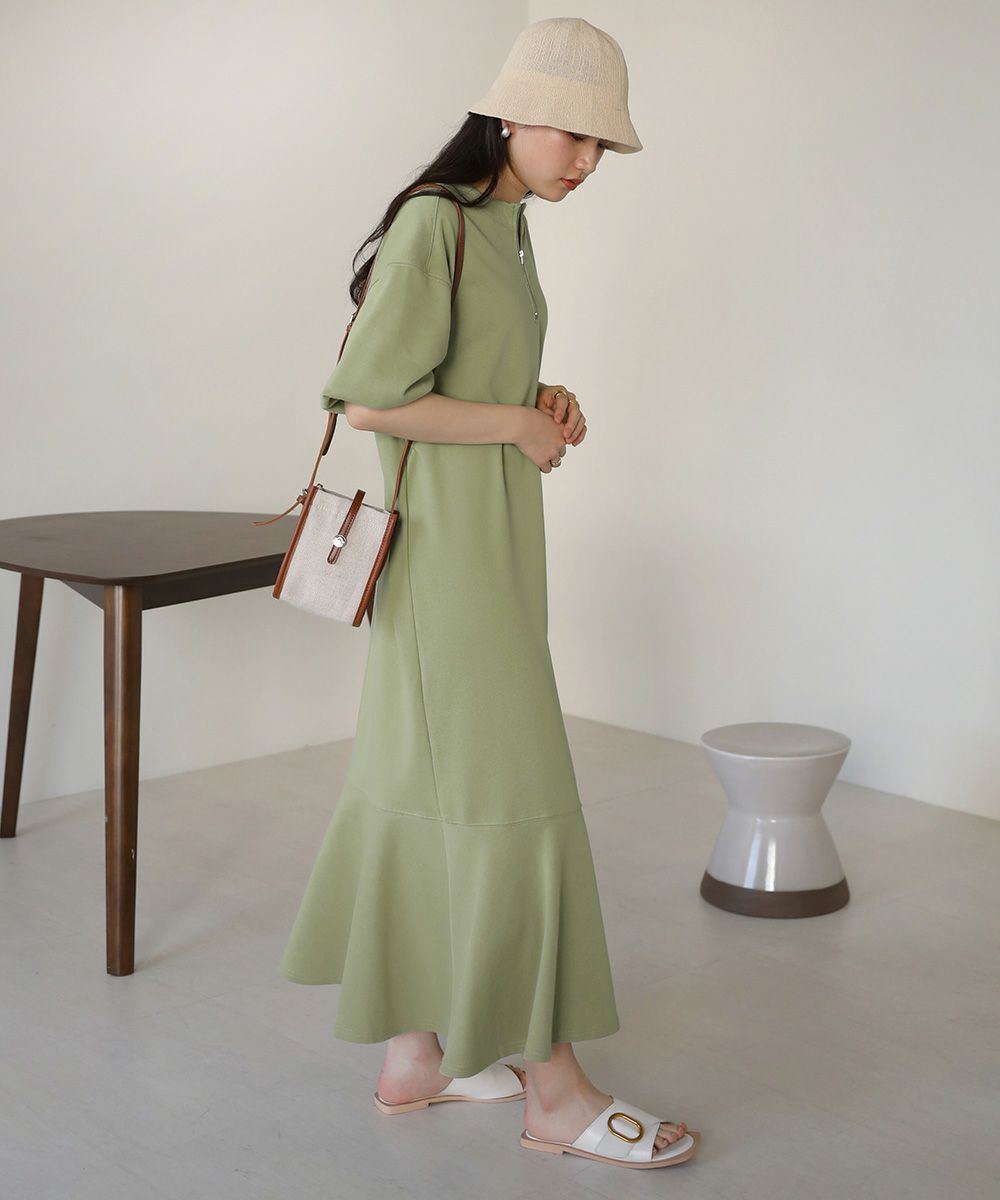 日本 Bou Jeloud - 休閒拉鍊亨利領泡泡袖洋裝-灰