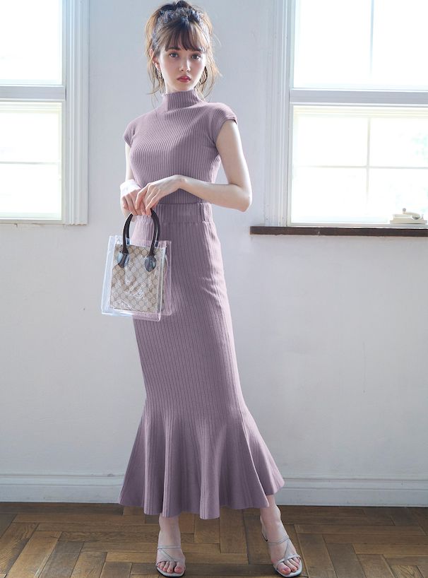 日本 GRL - 立領彈性羅紋兩件式短袖洋裝-淺米杏