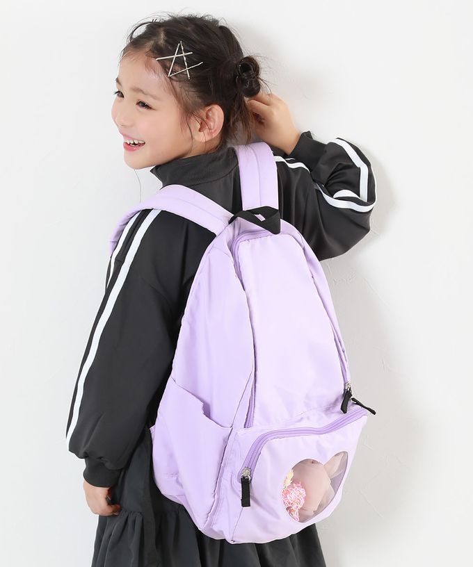 日本 devirock - 心型透明窗(娃包口袋)輕巧大容量後背包-附鏡子-櫻粉