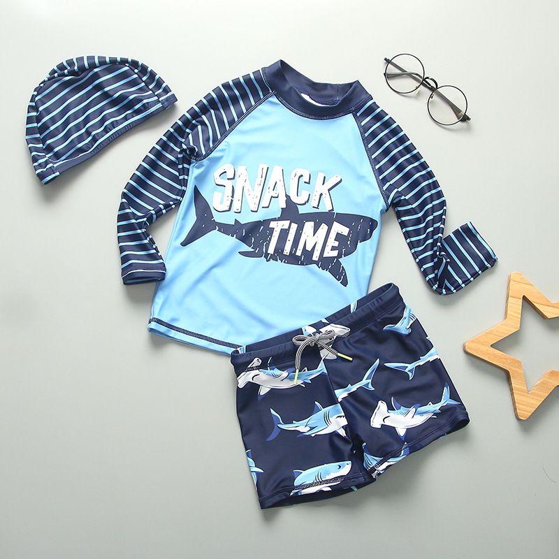 男寶防曬長袖泳裝套裝(附帽子)-鯊魚狩獵-藍色