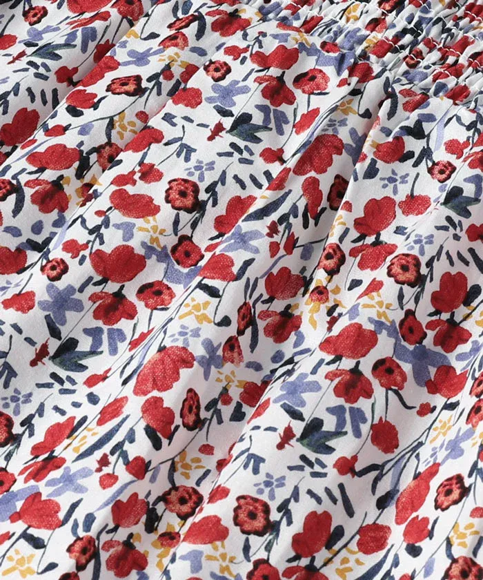 日本 COCA - 歐風碎花泡泡短袖上衣-孩子-洋紅