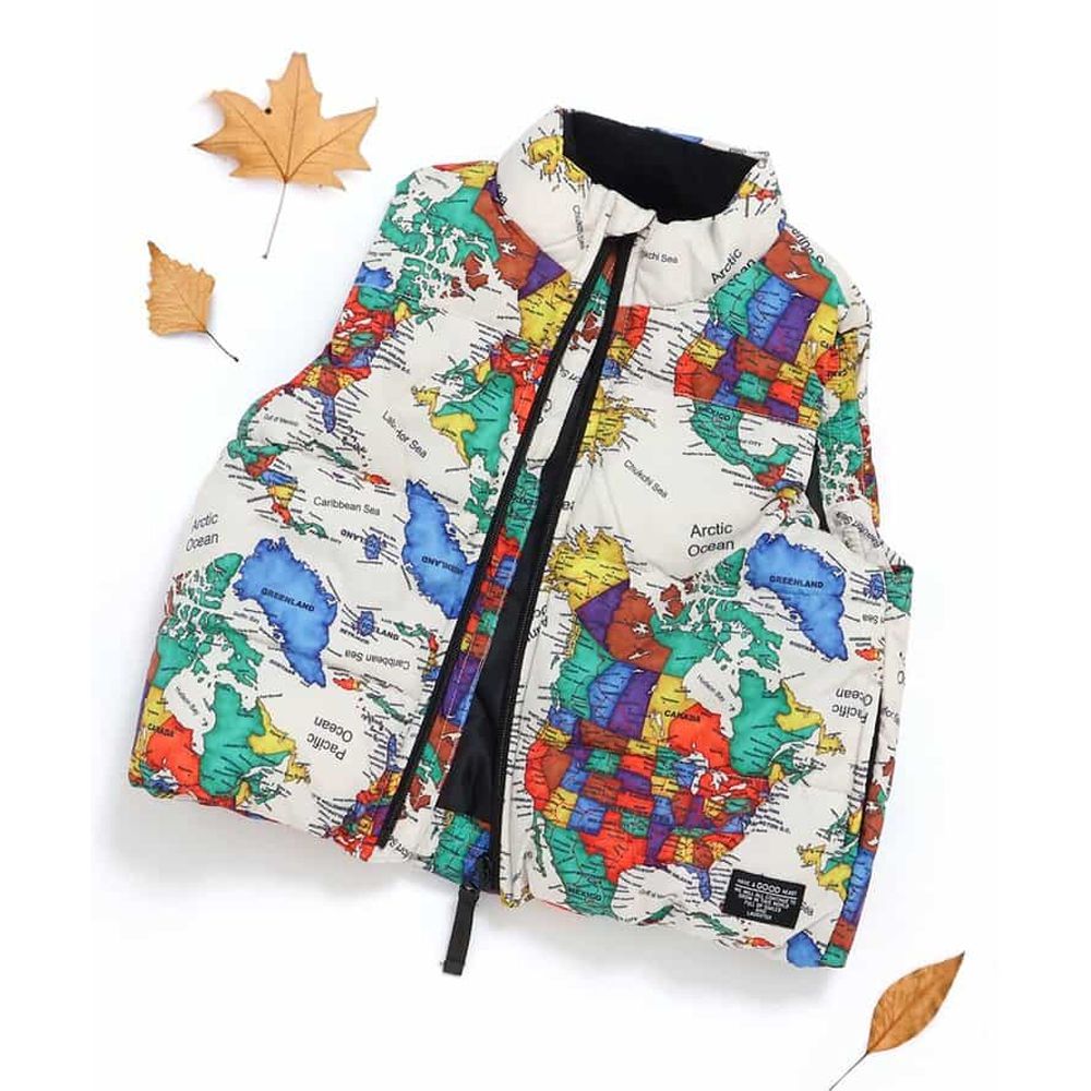 可機洗 輕量保暖鋪棉背心-世界地圖