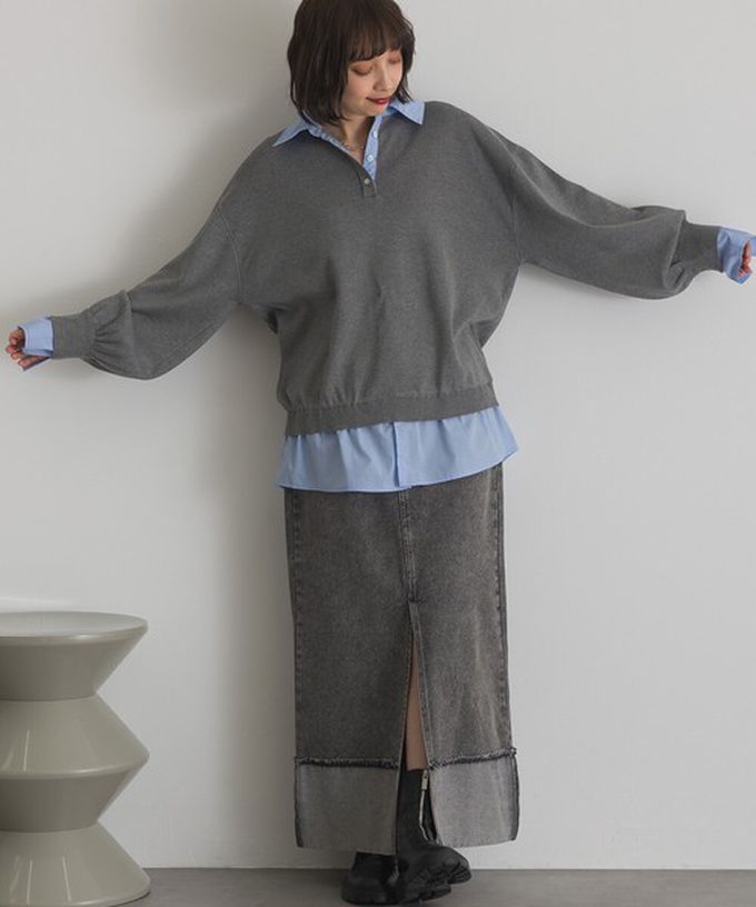 日本 ELENCARE DUE - 假二件襯衫領輕盈落肩長袖上衣-開心果綠