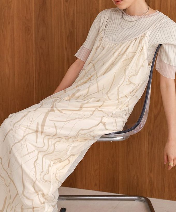 日本 Bab - 大理石印花雙層薄紗細肩帶洋裝-象牙白 (Ｍ)