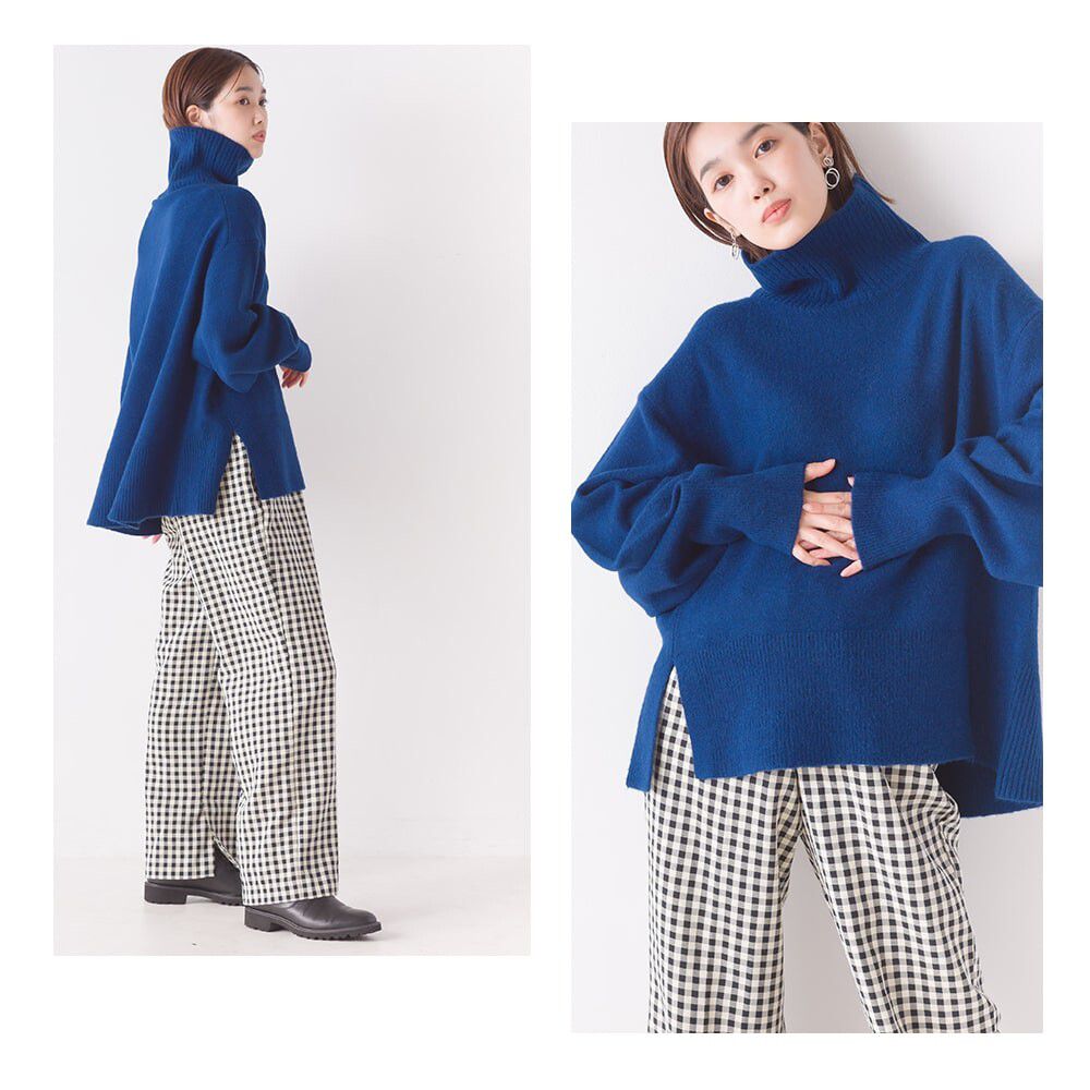 日本 OMNES - 羊毛混高領寬鬆氣球袖毛衣-時尚黑