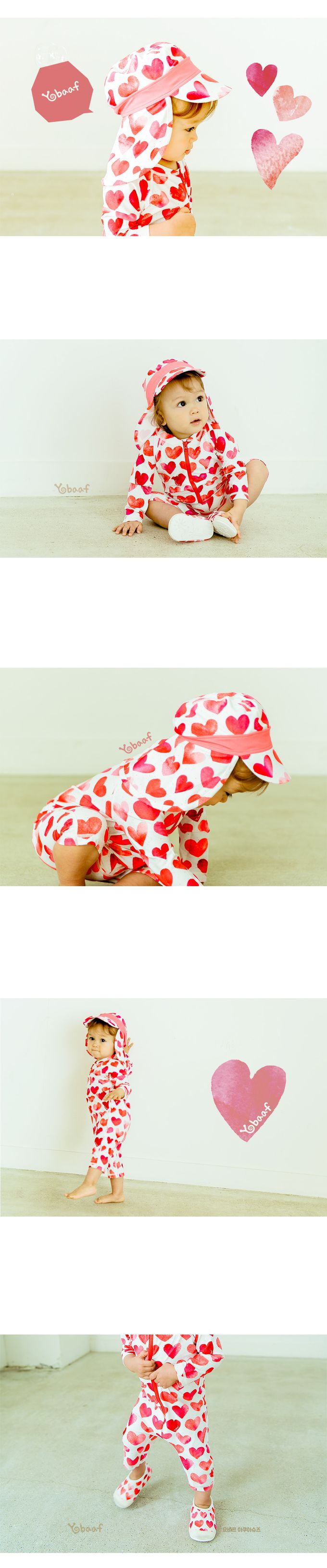韓國 Yobaaf - UPF50+ 兒童遮脖防曬泳帽-桃粉愛心