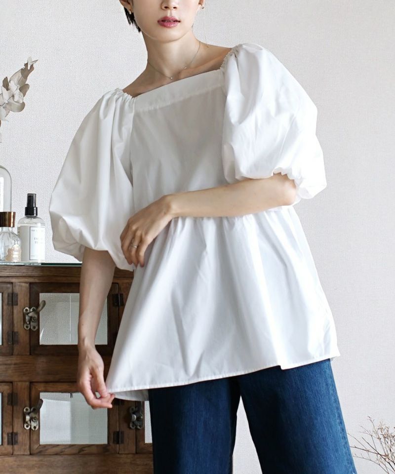 日本 zootie - 優雅方領縮腰泡泡袖上衣-簡約黑