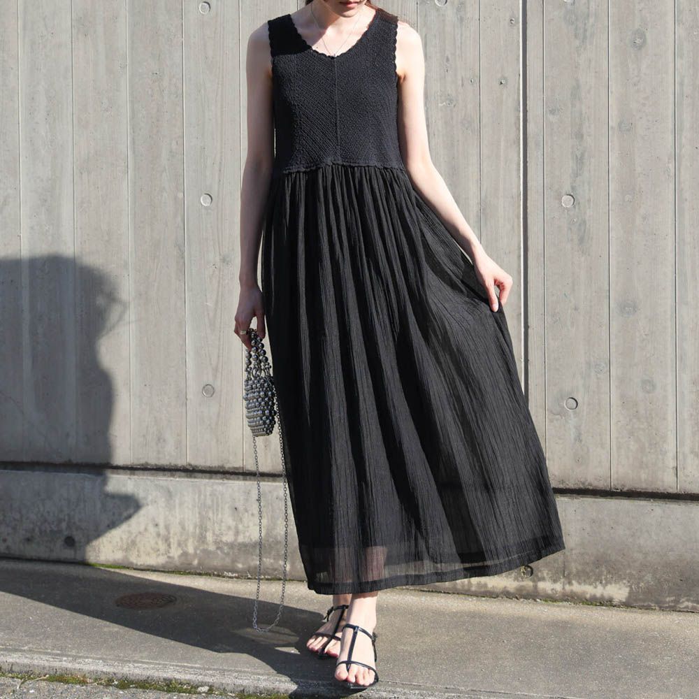 夏日氛圍鉤針縐紗背心裙-黑