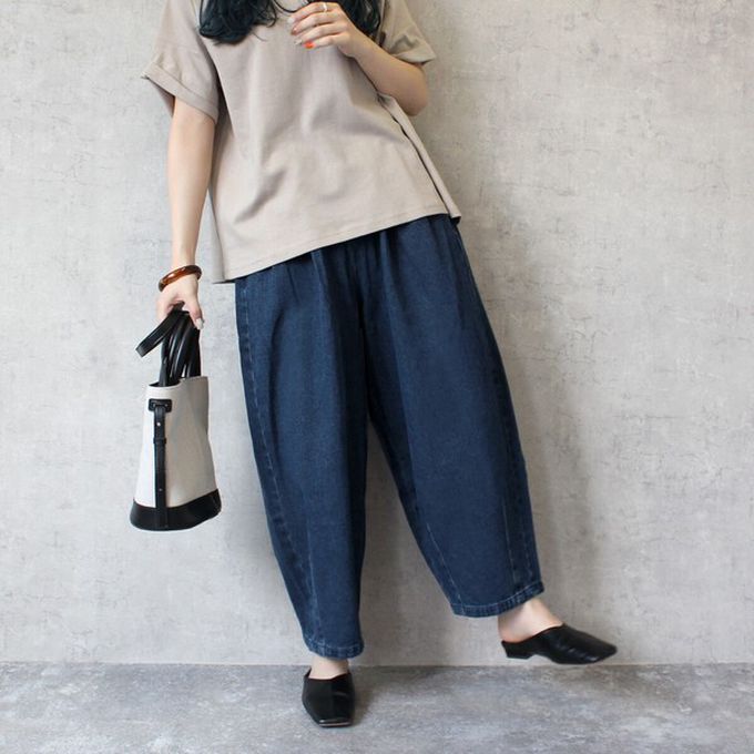 日本女裝代購 - [熱銷款] 超藏肉休閒錐形美腿褲-丹寧-條紋藍