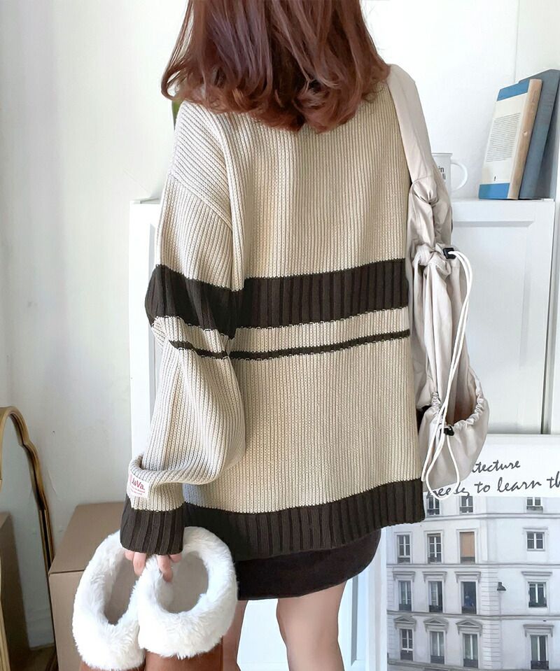 日本 Classical Elf - 排釦翻領撞色羅紋針織上衣-淺米x咖啡