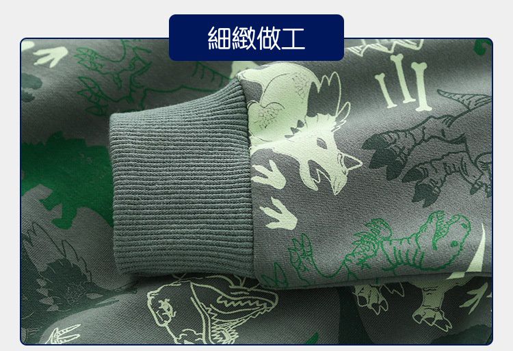 WELLKIDS - 圓領休閒百搭長袖上衣/大學T-恐龍世紀-軍綠色