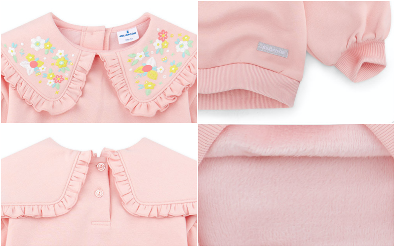 韓國 Jelispoon - (內刷毛)刺繡花朵荷葉領泡泡袖上衣-粉紅