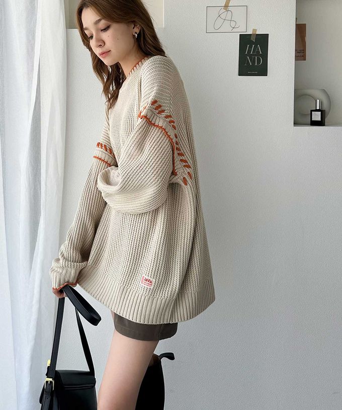 日本 Classical Elf - Java 落肩滾邊縫線粗針織長上衣-卡其x橘