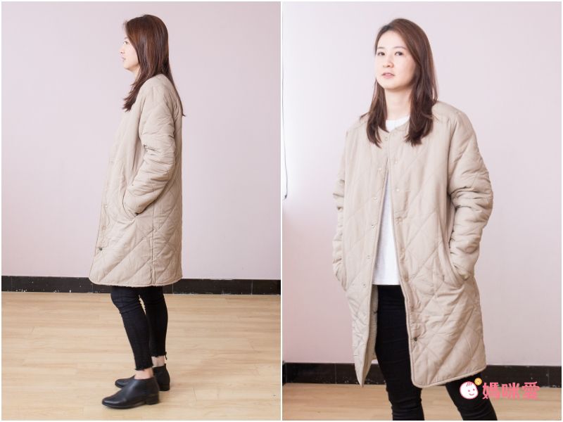 日本 OMNES - 輕量波浪衍縫長版羽絨外套-焦糖棕