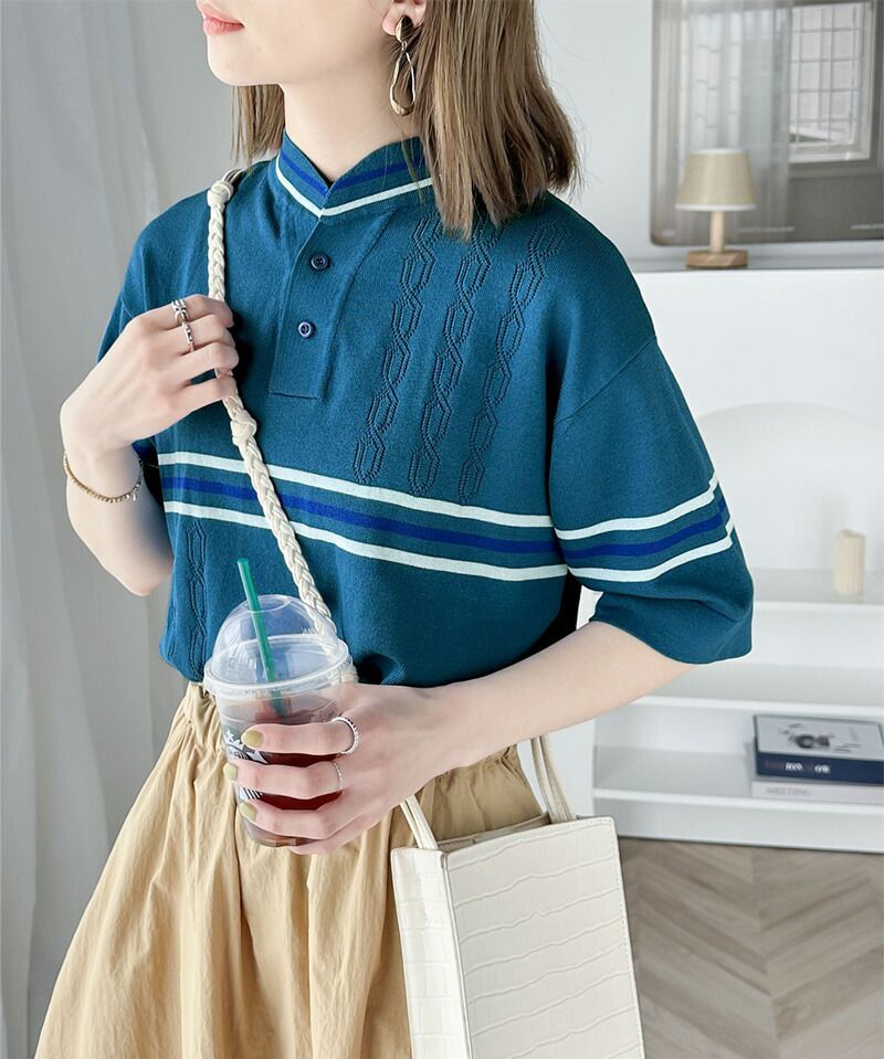 日本 Classical Elf - 翻領復古透氣短袖上衣-孔雀藍