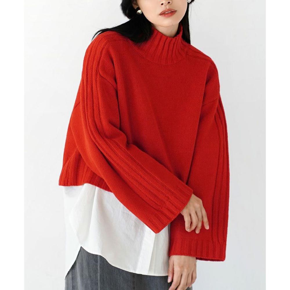 日本 zootie - 寬鬆立領羅紋針織短版毛衣-紅