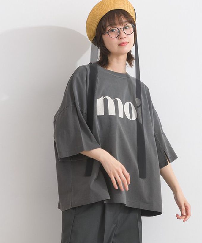 日本 Lupilien - 純棉復古刷色簡約落肩五分袖上衣-炭灰