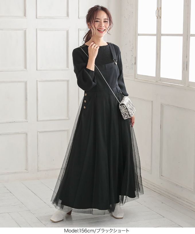 日本 Kobe Lettuce - 工裝風薄紗拼接牛仔吊帶洋裝-米杏