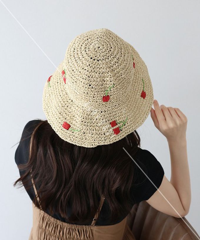 日本 BLUE EAST - 可愛刺繡編織遮陽漁夫帽-淺卡其