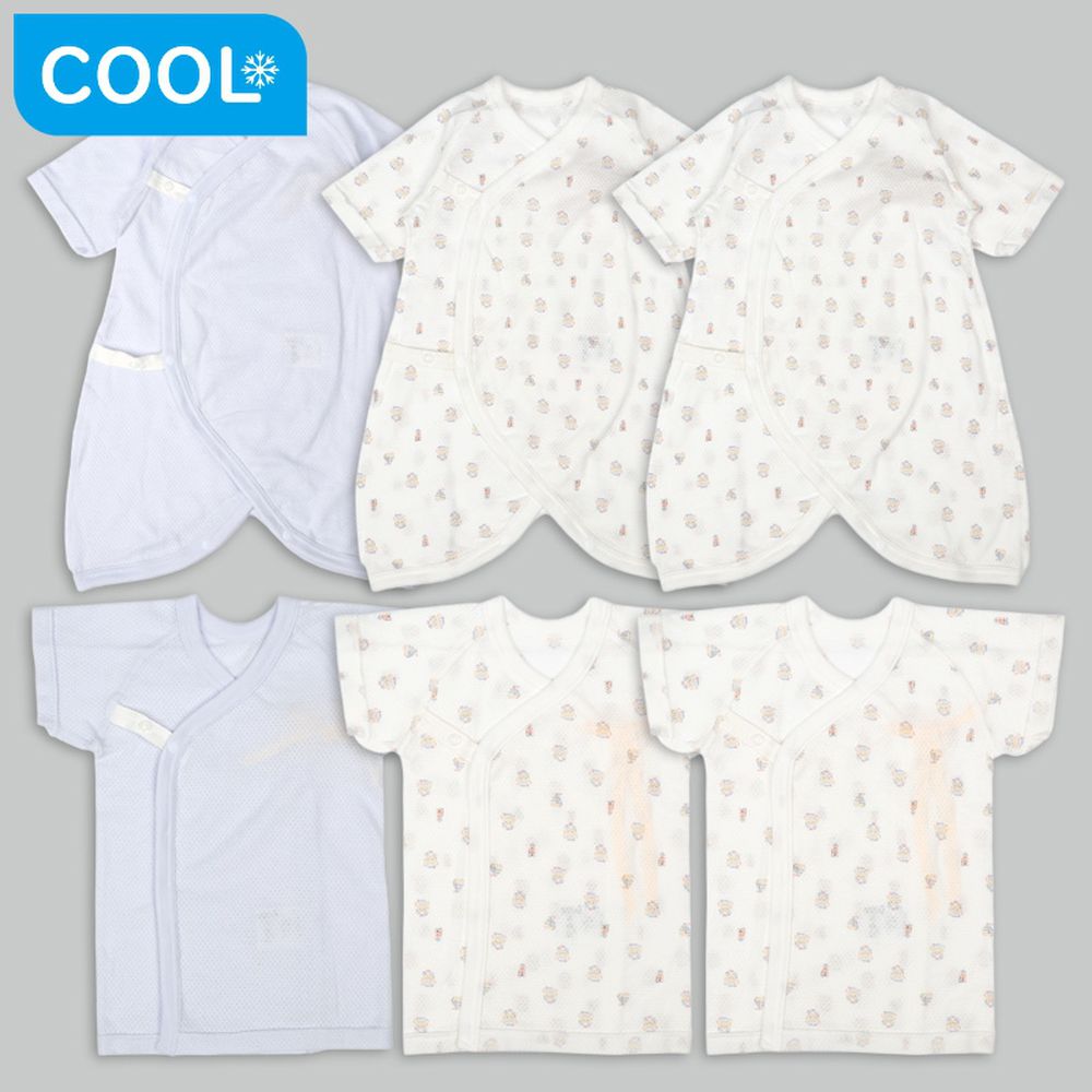 新生兒網眼內衣6件組-按扣 短袖7分袖 小熊-淺藍色 (50~60cm)