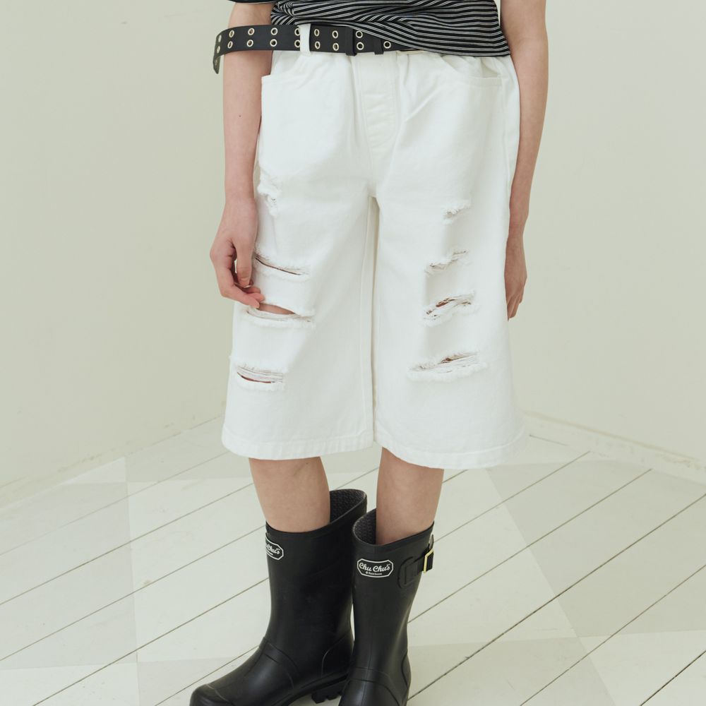 sm2 鬆緊腰潮流破壞感五分褲-白