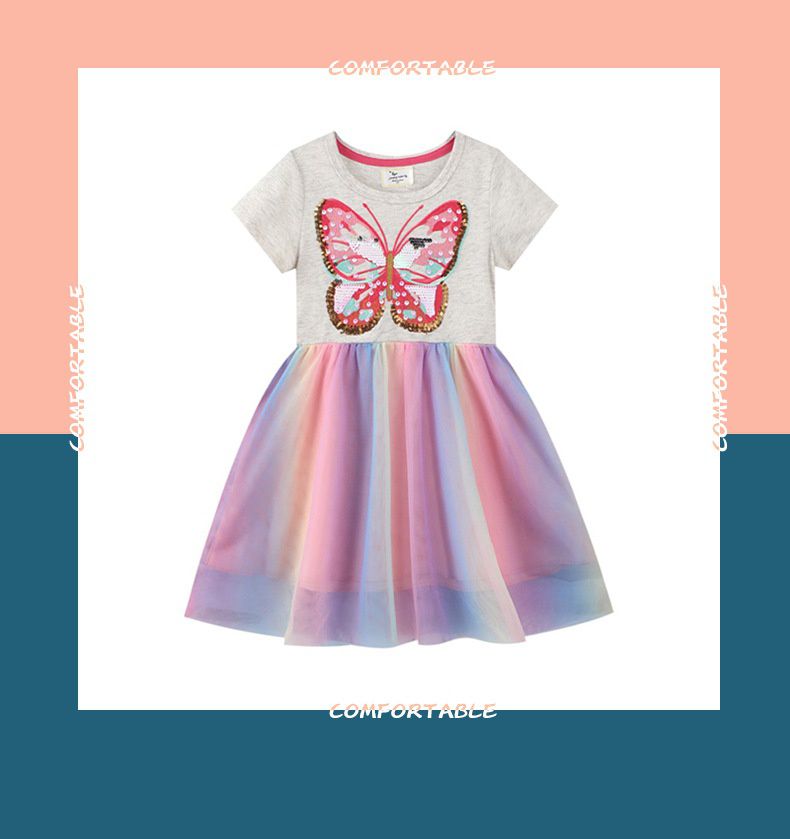 Jumping meters - 棉質圓領短袖網紗洋裝-蝴蝶-灰色