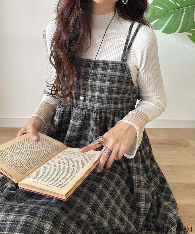 日本 Classical Elf - 學院風格紋甜美雙吊帶洋裝-深灰棕