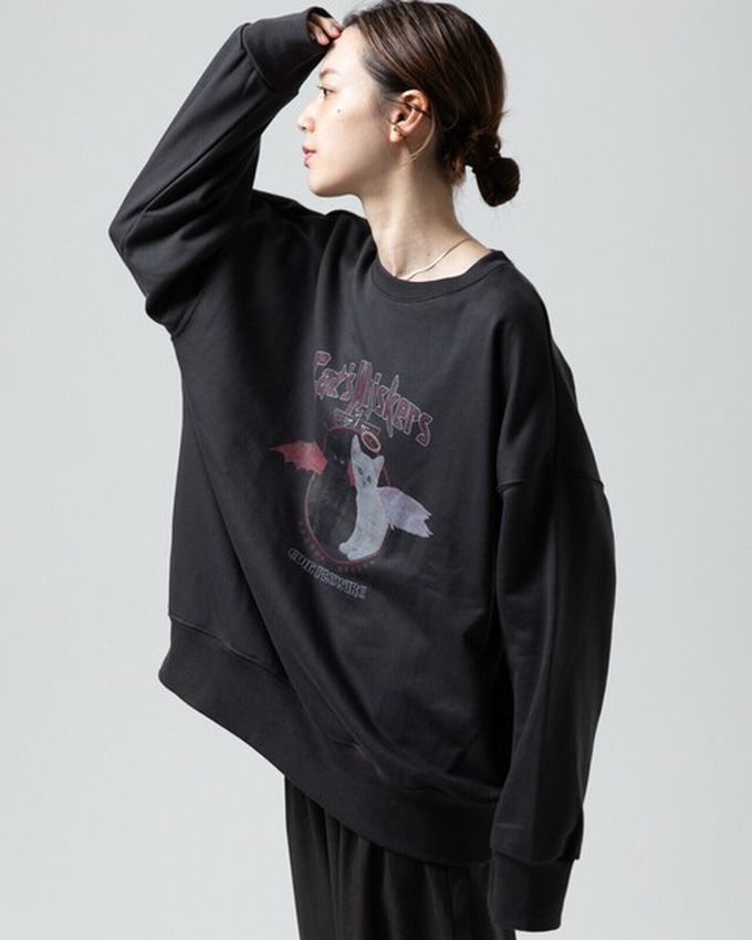 日本 gleam - 裏毛寬版天使惡魔貓咪印花大學T-淺灰