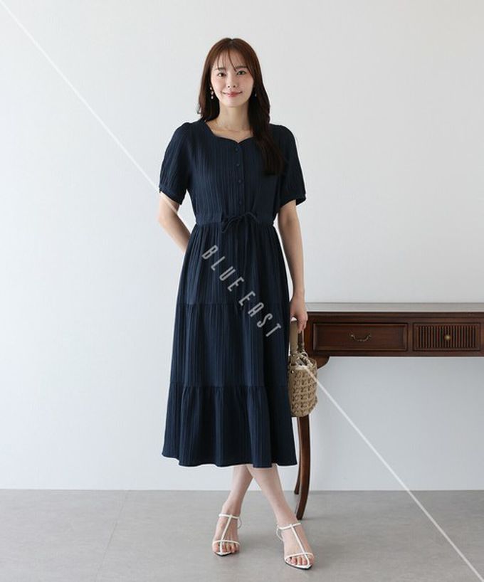 日本 BLUE EAST - 桃心領氣質分層短袖洋裝-黑