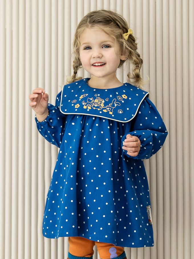 韓國 Pimpollo - 滿版圓點方形翻領連身洋裝-寶藍